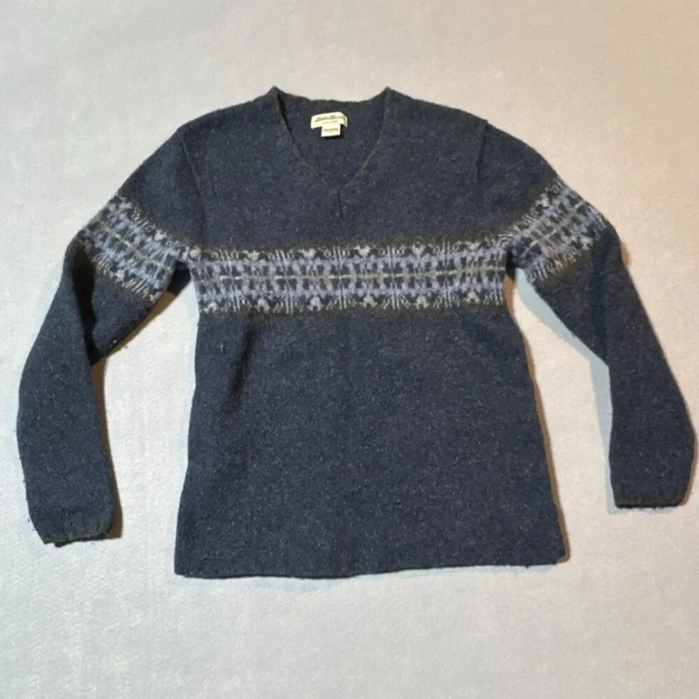 Eddie Bauer Lambswool Knit Blue Gray Geometric V-Neck Pullover Sweater Men's M - Picture 1 of 4